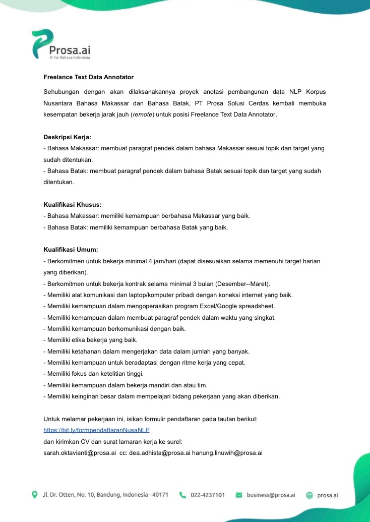 HanungWL's tweet photo. #Loker: Penutur Bahasa Batak dan Bahasa Makassar. 

Silakan daftar di sini 📝https://t.co/n7DffrRuXJ @hrdbacot https://t.co/tYwfik7I9w