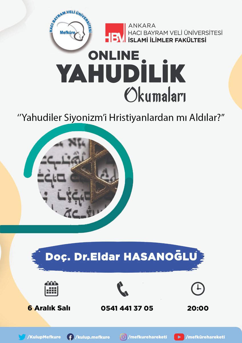 •HACI BAYRAM VELİ ÜNİVERSİTESİ MEFKÛRE TOPLULUĞU•

HBVÜ Mefkûre Topluluğumuzun düzenlemiş olduğu Doç. Dr. Eldar HASANOĞLU hocamızın katılımları ile gerçekleşecek 'Yahudilik Okumaları' başlıklı programımıza katılımlarınızı rica ediyoruz☺ 

📍Online