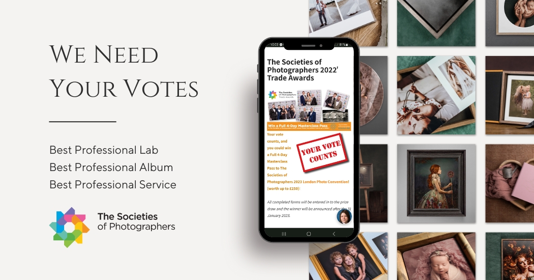 Voting is now open for the <a href="/TheSocieties/">The Society of Photographers 📷</a> Trade Awards and we would love to count your support!
We are nominated for Best Lab, Best Album &amp; Best Service &amp; we would be so grateful for your votes.
Thank you again for your amazing, continued support. bit.ly/3VT4uZy