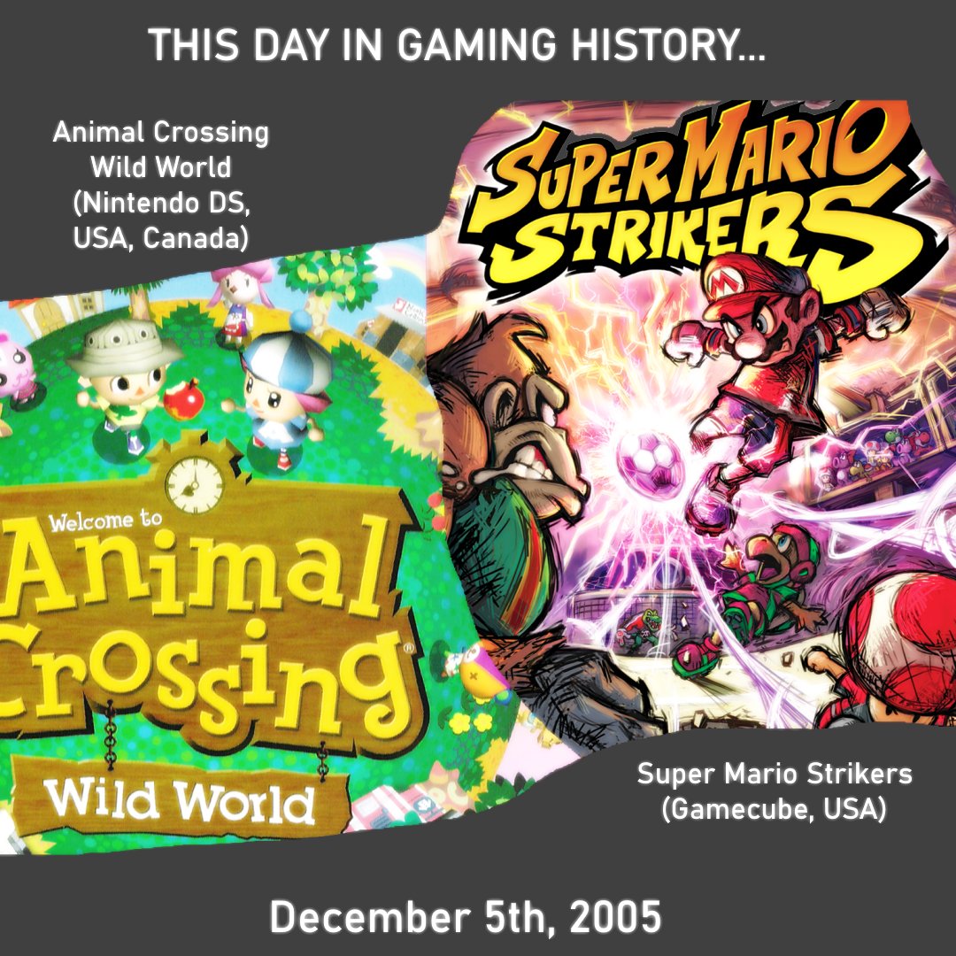 Solanimus's tweet image. This day in gaming history, both Animal Crossing Wild World (USA &amp;amp; Canada, Nintendo DS) and Super Mario Strikers (USA, Gamecube) released in 2005!