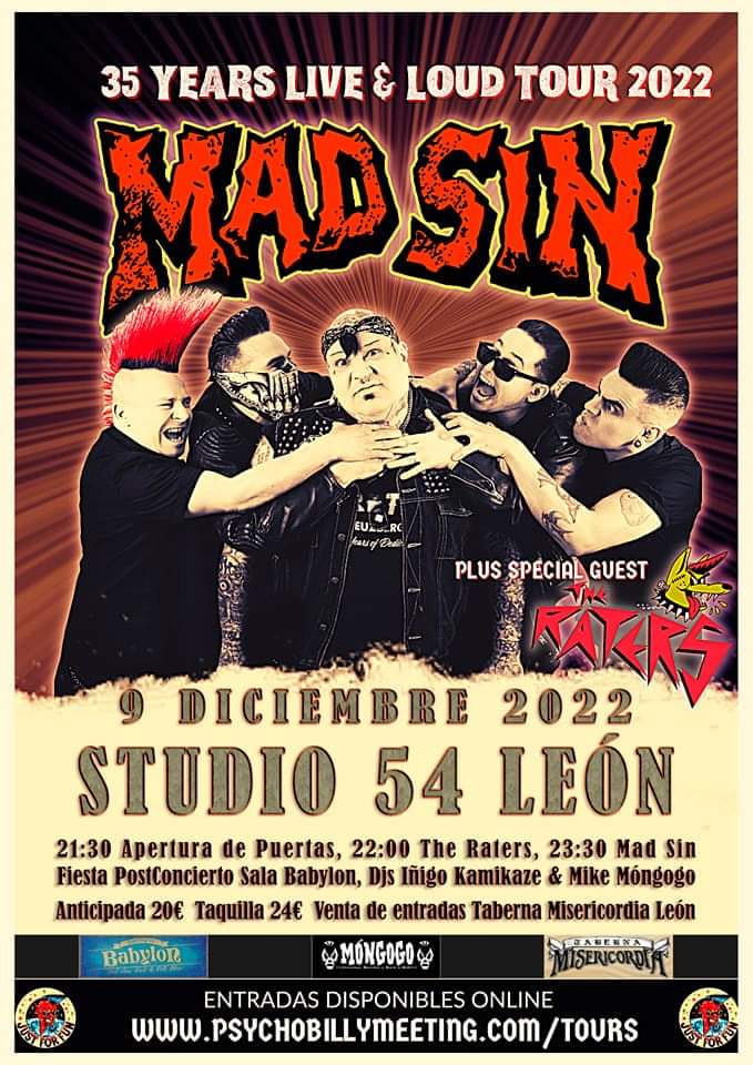 En tan solo 4 días, el viernes 9 de diciembre, tendremos por aquí, <a href="/Studio54leon/">Studio 54 Leon</a> , a #MadSin , con  <a href="/RatersThe/">TheRaters</a> , que tampoco son moco de pavo.
Entradas anticipadas en el Misericordia, Mongogo y <a href="/BabylonLeon/">Babylon_Leon</a> 
#directo #Concierto #psychobilly #Leon