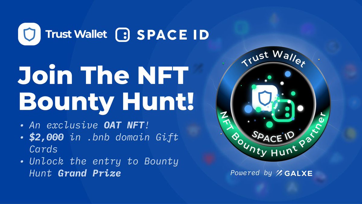 To celebrate being an official partner of the #TrustWalletNFT bounty hunt, we've teamed up with @TrustWallet to give away $2,000 in SPACE ID domain name gift cards! Plus... everyone who completes entry will earn a FREE NFT! 💙 Entry link here👇 galxe.com/spaceid/campai…