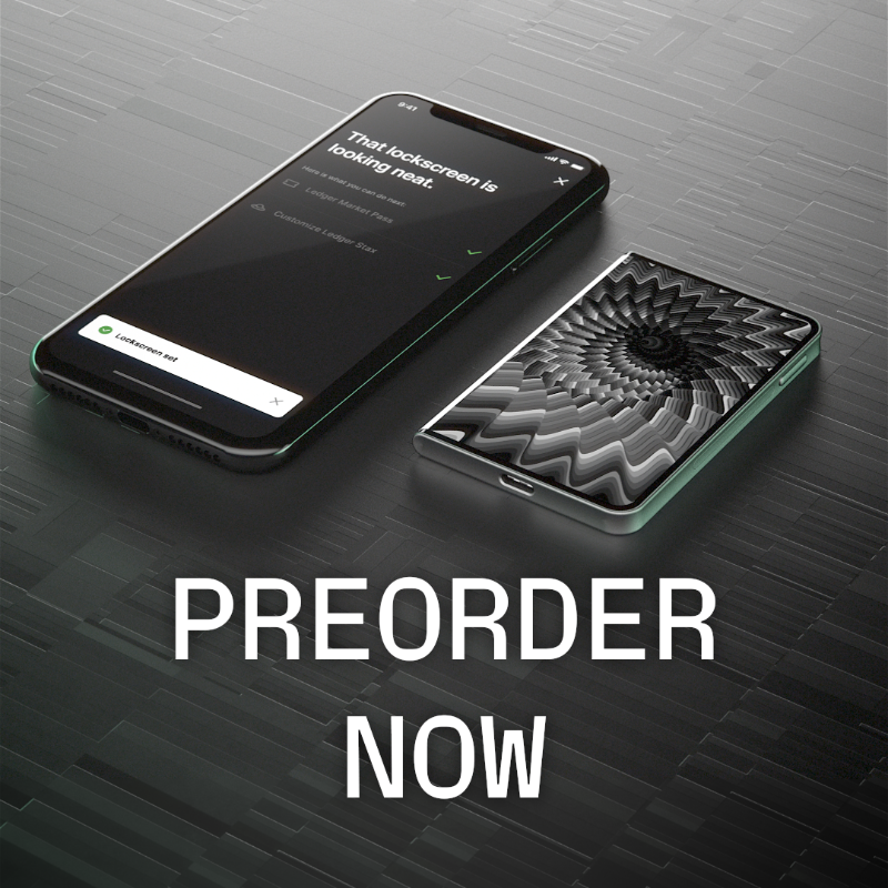 Ledger's tweet photo. In Ledger Stax we trust. Our most advanced and customizable Ledger yet, Ledger Stax is a touchscreen device made to protect your most valuable digital assets. Preorder now!