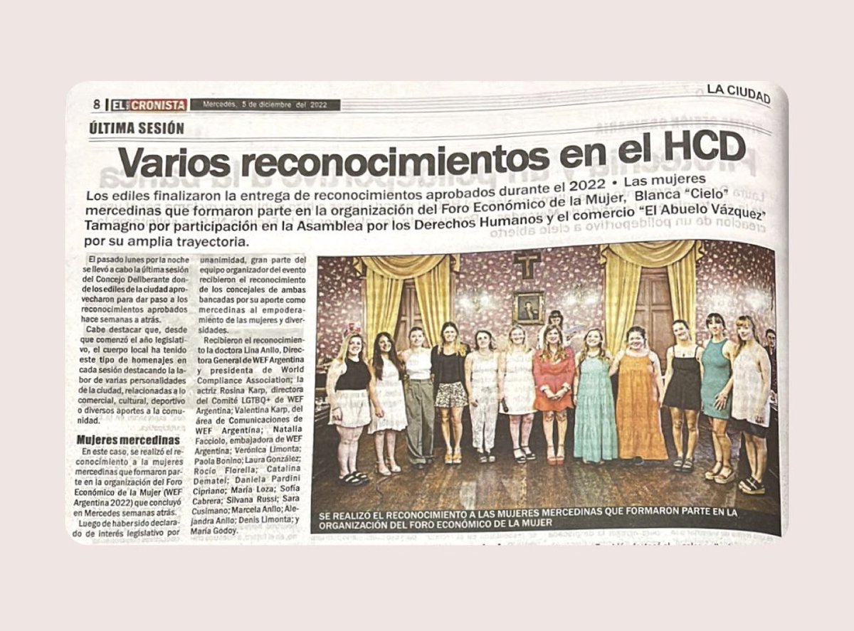 Nota sobre el reconocimiento del HCD de Mercedes a WEF Argentina y a nuestras integrantes mercedinas. ¡Felicitaciones a todas ellas!