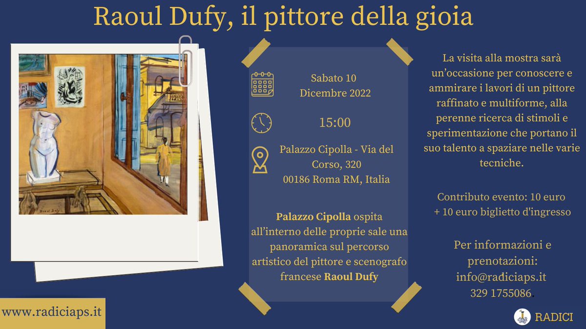 Il #10Dicembre andremo alla scoperta di Raoul Dufy, il pittore della gioia. La mostra si terrà a Palazzo Cipolla ,non mancate! 🎨 Per prenotazioni radiciaps.it #radiciaps #roma #mostreroma #accessibilità #inclusione #esperienze #cultura #arte #visiteguidate