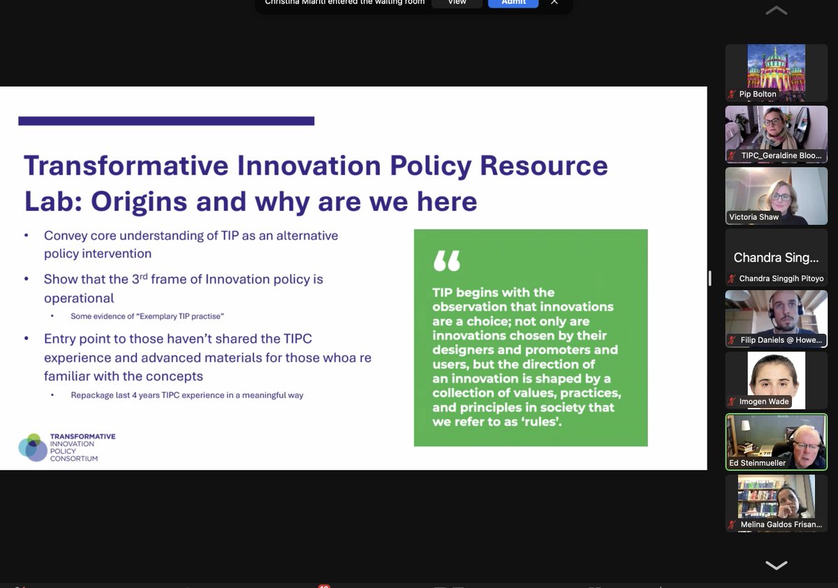TIPConsortium's tweet image. &quot;There is #thirdframe of #innovation that can be made operational...&quot;  @EdStein51 on the rationale for #TIPResourceLab which combines the tools, insights, actions &amp;amp; learnings of #TIPC over the Consortium&apos;s last 5 years @SPRU @UUGlobe @Ingenio_CsicUpv @Victoria_Shaw_ @Johan_Schot