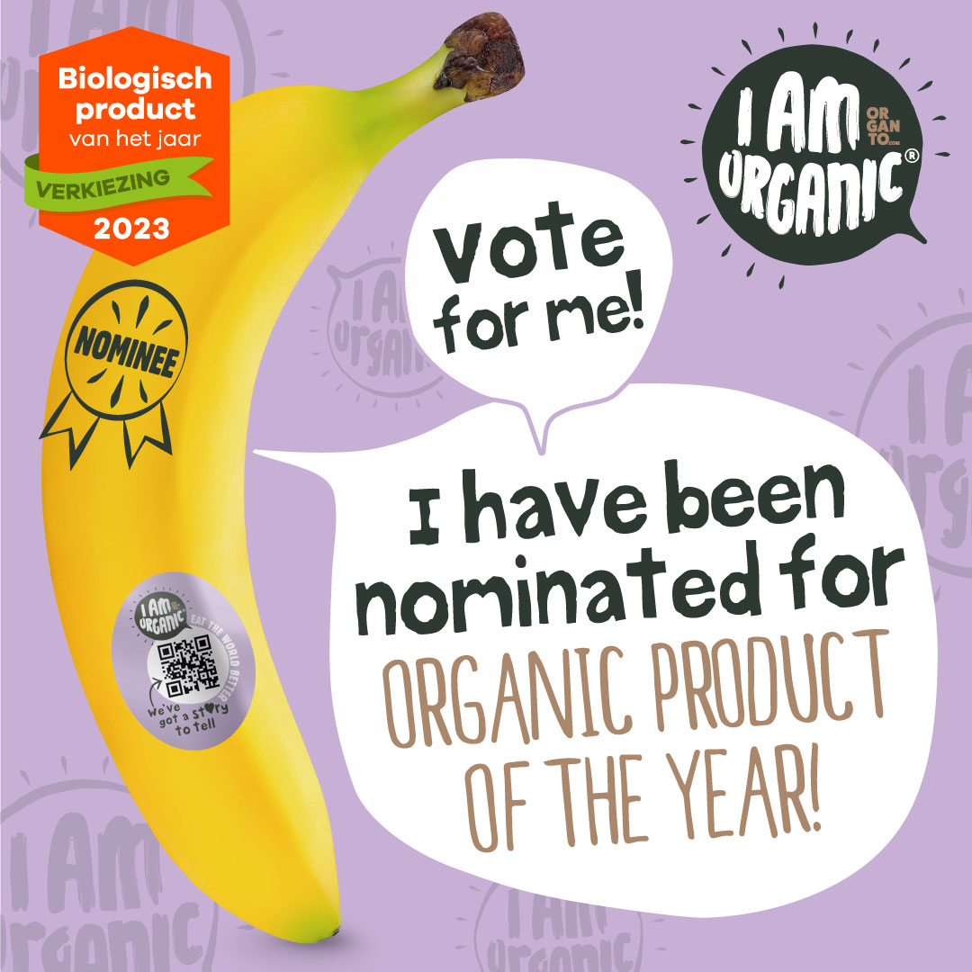 OrgantoFoods's tweet photo. Whoop whoop, I AM Organic has been nominated to become #bioproductvanhetjaar (organic product of the year). Please vote for us via this link: https://t.co/Hxs5vj8D9u. Our bananas are #organic, 100% transparent, #carbonneutral and fair. #sustainable #eattheworldbetter https://t.co/WAIreq70PV