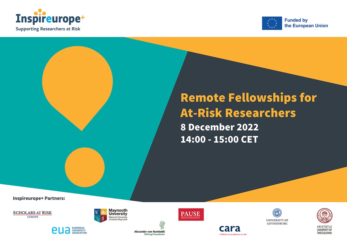EUA presents a 5️⃣-part webinar series as part of the #InspireuropePlus project, aiming to strengthen and coordinate support for #researchers at risk across Europe. Registration is open for webinar 1️⃣ bit.ly/3V6eoGQ 📅 8 December, 14.00-15.00 CET @Inspire_MSCA @SAR_Europe