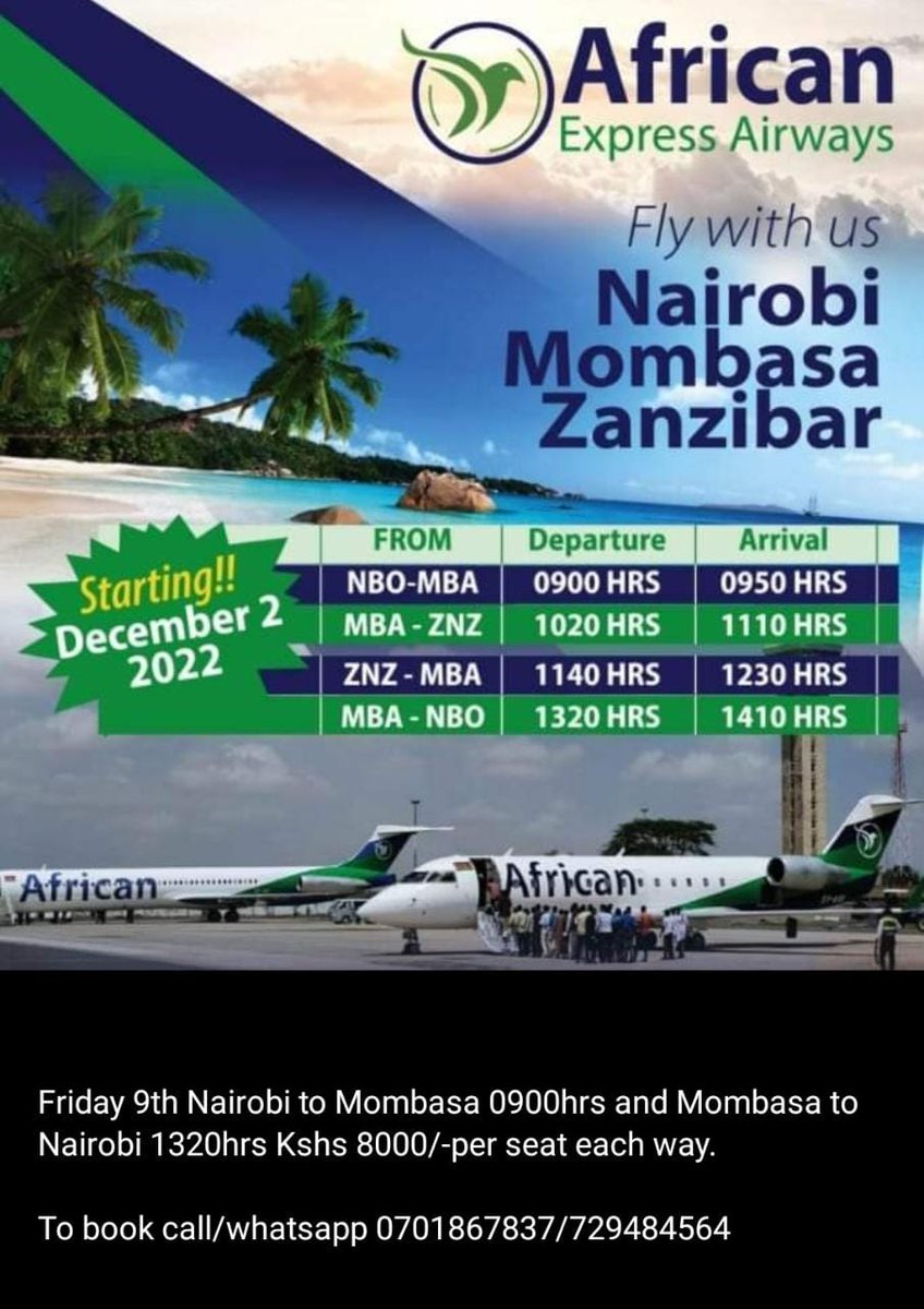 African express Airways has amazing offers on 9th of December...
#CyanHolidays #sundowner #sunrise  #Staycation #tembeakenyaeakenya  #destinationkenya  #magicalkenya  #cyantours #vacation #enjoyment! #mombasa