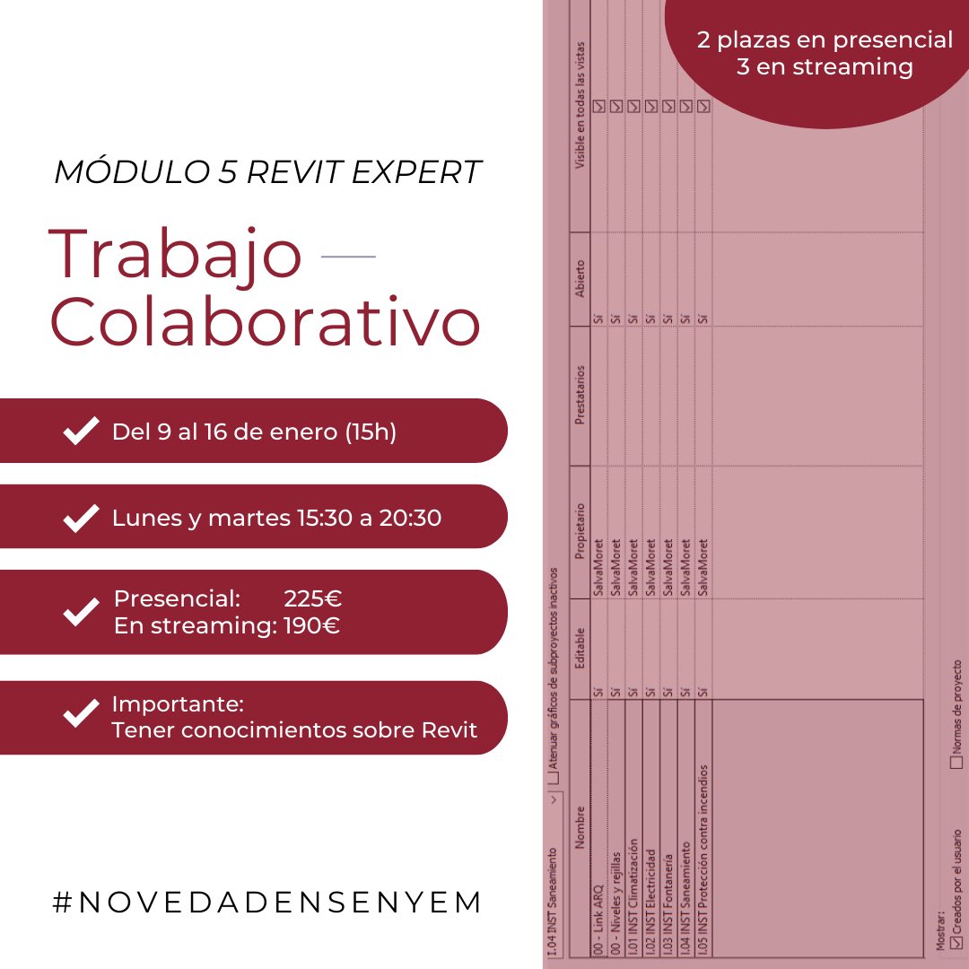 Ahora disponemos de 2 plazas de presencial y 3 plazas en streaming para ser partícipe de uno de nuestros módulos del Máster Oficial de Revit Expert🎉
El próximo 9 de enero comenzamos con el módulo de trabajo colaborativo 
¿Quieres ser uno de los cinco integrantes?💪🏽
#revit2023