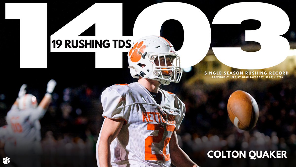 KettleRunFB's tweet image. Congratulations to RB Colton Quaker (@Colton04558304) for passing Kettle Run legend Josh Tapscott to set a new single season record for rushing yards and rushing touchdowns during our @VHSL_ state semifinal win.

#RollCougs
#FindAWay