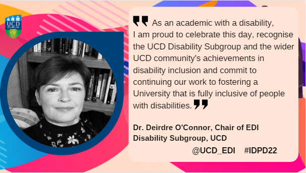 📢🎉📢🎉UCD is celebrating #IDPD2022 showcasing the excellent #disability #research @ucddublin Each day this week we'll spotlight disability research from our vibrant #UCD community in short video messages: bit.ly/3Y8LiZY @deirdrepoconnor @UCDforALL @ColizScott