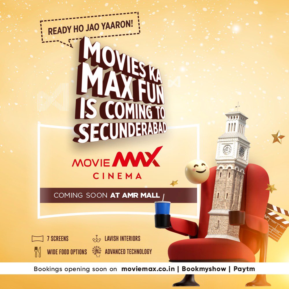 moviemaxoffl's tweet photo. Hello #Secundarabad! We are proud to announce the opening of a 7-screen #MovieMax Cinema at AMR Mall. Enjoy movies with more advanced technology, lavish interiors and a wide variety of food options, the #MaxDose of your entertainment is here. https://t.co/fOGCzrFoQF