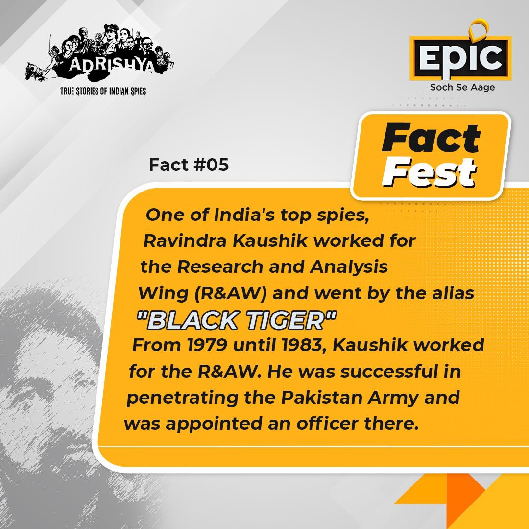 OfficalEPICTV's tweet photo. #EpicFact: Former Prime Minister Indira Gandhi conferred the title "Black Tiger" to Ravindra Kaushik.
For more such facts, keep watching EPIC. #SochSeAage.

#EpicFactFest #FactFest #FactTime #Adrishya #RavindraKaushik #Tiger #BlackTiger #BelieveItOrNot #FactsDaily #Facts https://t.co/x67kGq4YYT