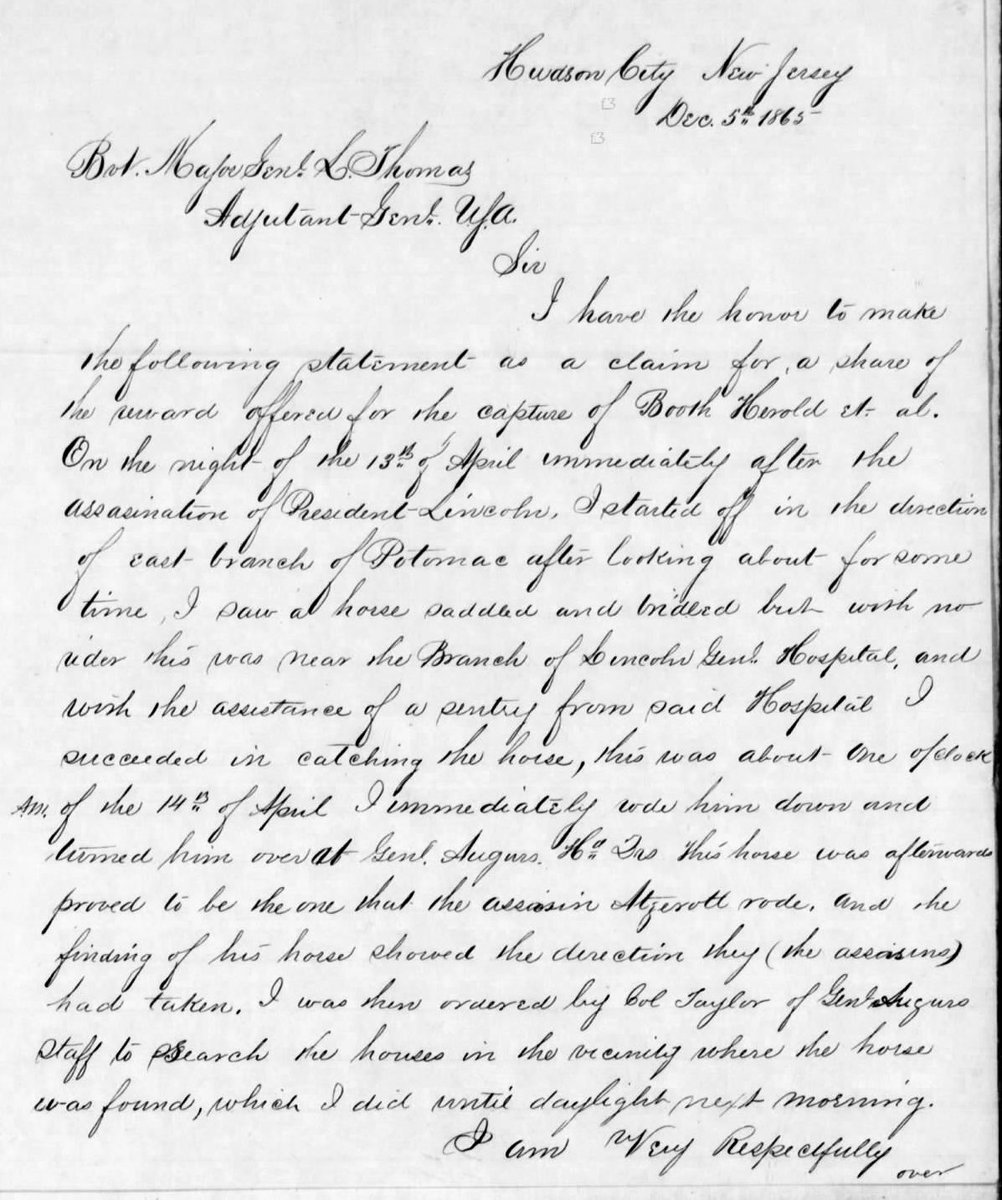 LinConspirators's tweet photo. #OTD Dec. 5, 1865: Lt. John Toffey wrote a letter requesting a portion of reward money. Early on 4/15, Toffey overtook a riderless horse which turned out to be the one-eyed horse JWB purchased from #DrMudd’s neighbor which was used by #LewisPowell. Toffey was denied reward money. https://t.co/l41INAeFps