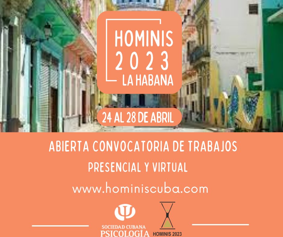 🔔 Abierta la recepción de trabajos para HOMINIS 2023 🤩

Las posibilidades de participación son presencial 👩‍🏫🙋‍♂️ o virtual 💻 (la mayoría de las salas tendrán transmisión simultánea) 🤩 

Enlaces de interés:
✅ Envío de resúmenes: hominiscuba.com/es/abstracts/s…

#Psicologia #FelizLunes