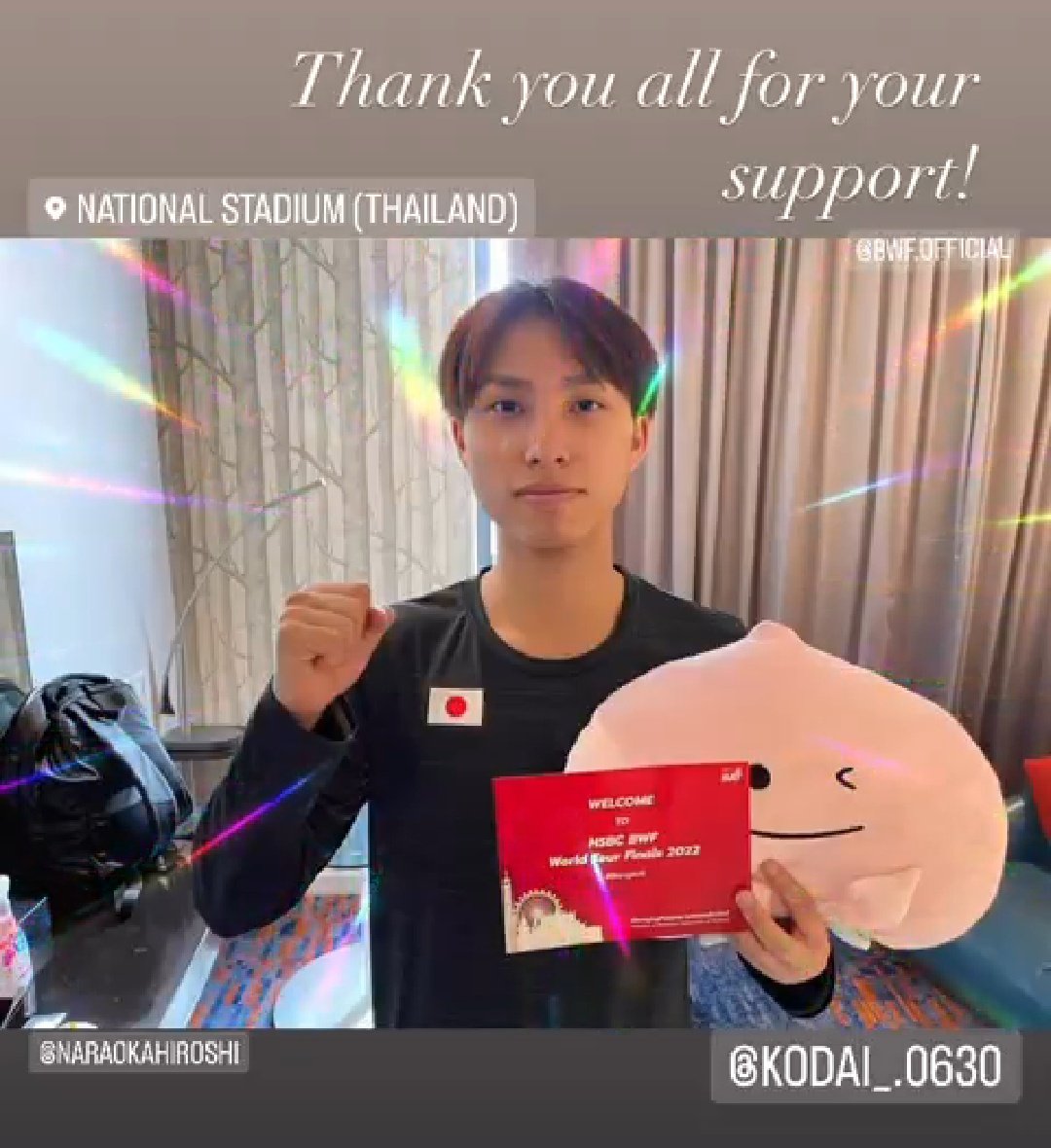 Wah Kodai udah ada di Thailand, fighting for WTF🥰
#KodaiNaraoka #BWFWorldTourFinals2022