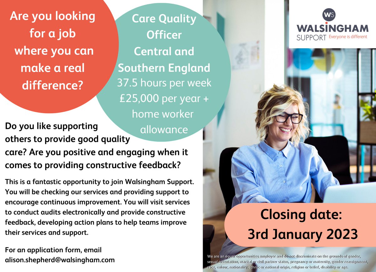If you are looking for a career where you can make a positive difference to people's lives then check out our vacancy for a Care Quality Officer, covering Central & Southern England. For an application form, email alison.shepherd@walsingham.com #health #socialcare #carejobs