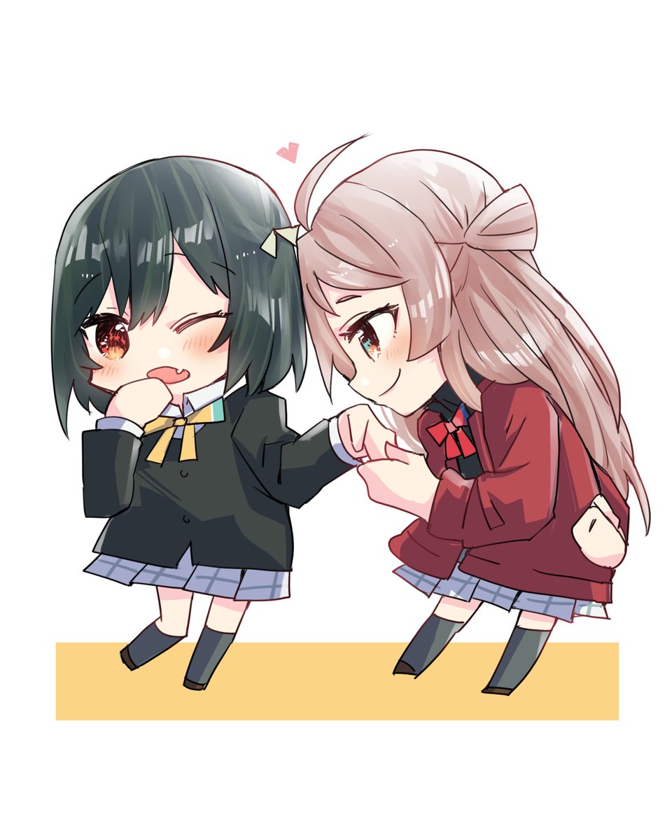 multiple girls 2girls school uniform nijigasaki academy school uniform dark green hair chibi fang  illustration images