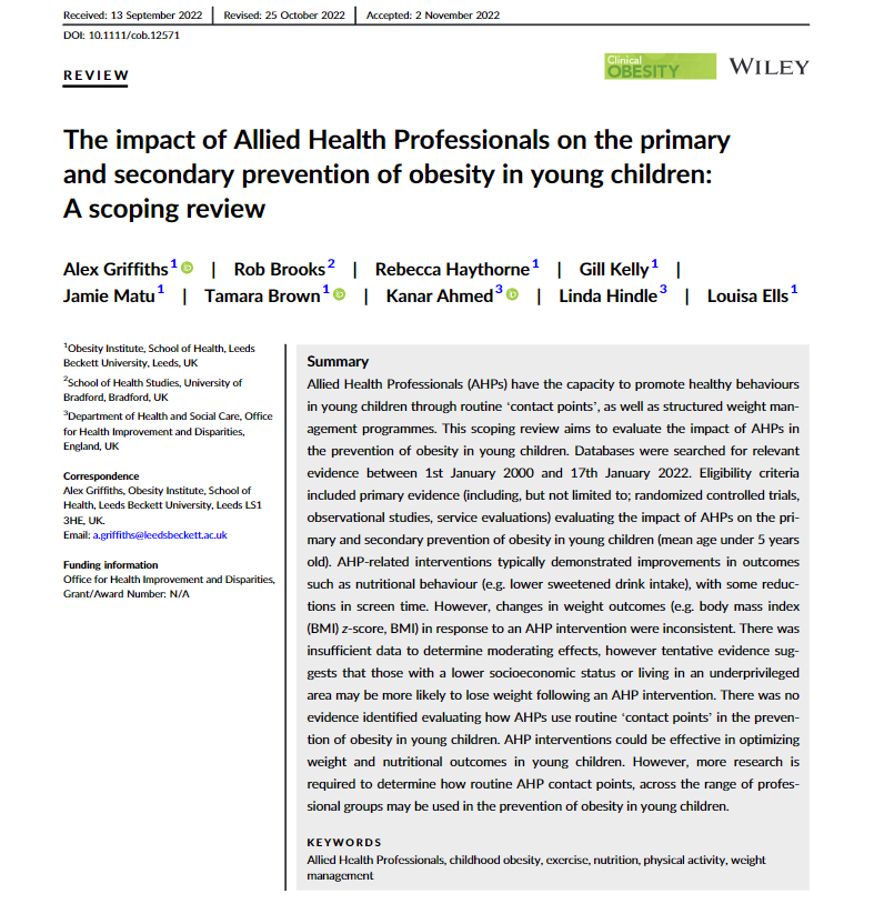 Latest from @ObesityInst in collaboration with <a href="/OHID/">Office for Health Improvement and Disparities</a>, exploring the role of Allied Health Professionals in the prevention of childhood obesity doi.org/10.1111/cob.12…