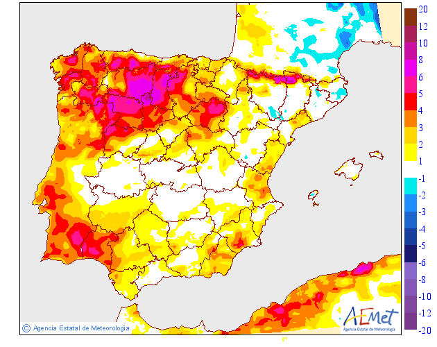 #Predicción de #temperaturas máximas y mínimas para #hoy y sus variaciones (2/2). aemet.es/es/eltiempo/pr…