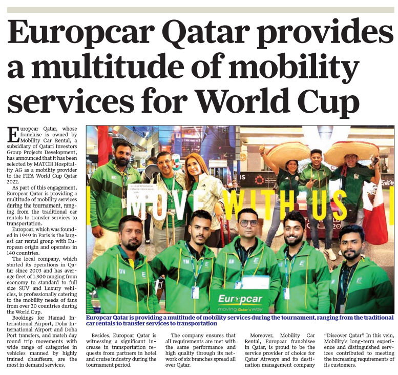 EuropcarQatar's tweet photo. @EuropcarQatar , whose franchise is owned by @MobilityCar Rental, a subsidiary of @QatariInvestors Group Projects Development, has announced that it has been selected by MATCH Hospitality AG, as a mobility provider to the #WorldCup2022. https://t.co/CU5sSMGN14