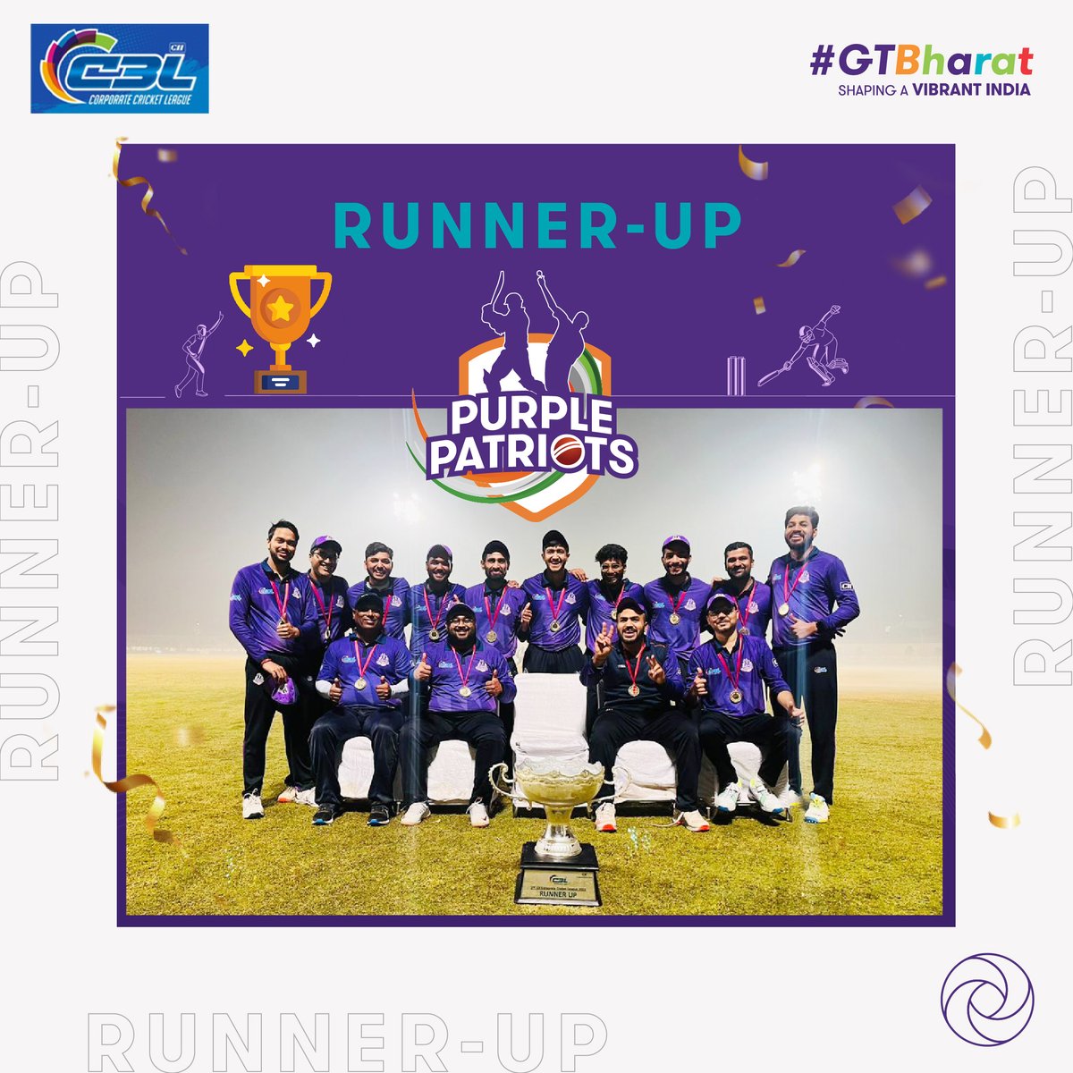 GrantThorntonIN's tweet photo. Shout out to Purple Patriots!
We are proud of the incredible performance by our team Purple Patriots in the CII Corporate Cricket League. Congratulations to the purple squad for being #AtTheirBest and sealing the first runner's up spot in the tournament. https://t.co/ga4DPCmaDf