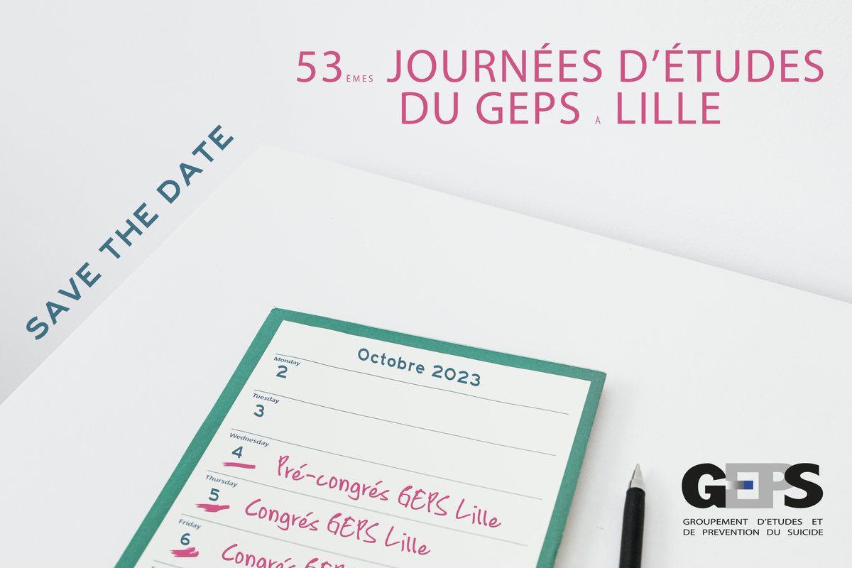 ˢᴬⱽᴱ ᵀᴴᴱ ᴰᴬᵀᴱ Le prochain congrès du <a href="/GEPSasso/">Geps</a> se tiendra à Lille du 4 au 6 oct 2023.
En tant que St savante en suicidologie, le GEPS invite à réfléchir au «temps d’après». Dans un monde qui accélère sa mutation, l’étude et la #preventionsuicide épousent le mouvement.