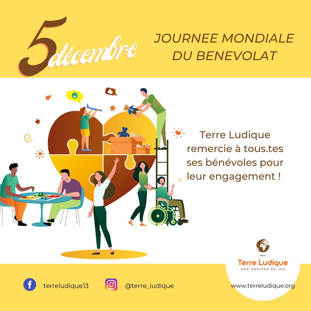À l'occasion de la Journée mondiale du bénévolat, nous souhaitons remercier nos bénévoles de leur soutien et adhésion à notre projet associatif.

Vous faites de notre Terre Ludique un lieu plus ludique, plus sociale et plus solidaire.

#InternationalVolunteerDay