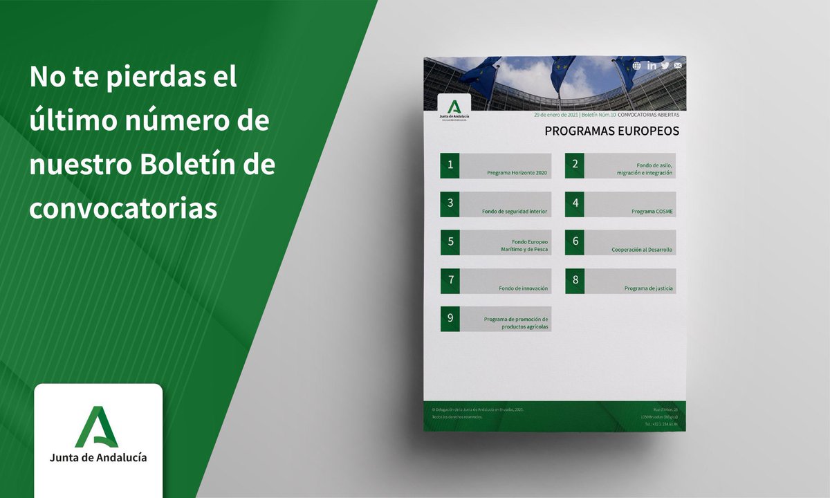 JdABruselas's tweet photo. Nueva edición de nuestro boletín de convocatorias europeas 📒🇪🇺

https://t.co/UTmRKaQlYz

Suscríbete enviando un correo a comunicacion@junta-andalucia.org https://t.co/Gtz6YO6bmC