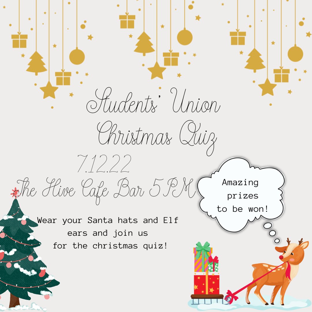 Celebrate the festive season with our Festive Quiz! All staff and students from UCEN Manchester are invited to The Hive Bar to battle it out for some amazing prizes! 😊 Join your Students' Union on Wednesday 7th🎉