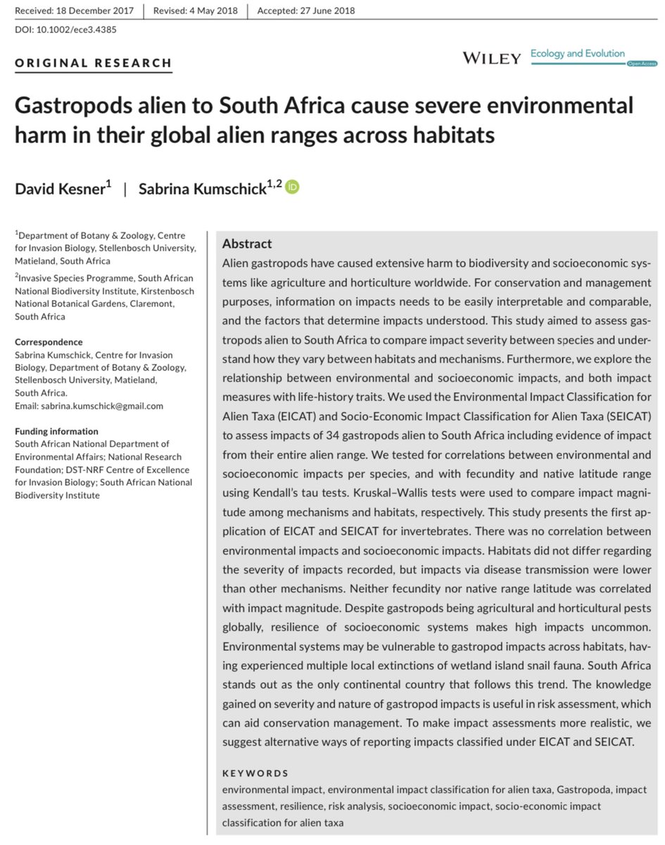 Here is another published article related to the application of EICAT in South Africa🐌: doi.org/10.1002/ece3.4… @SKumschick #Gastropods #invasives #environmentalimpact #IUCN #biodiversity #EICAT #invasionbiology