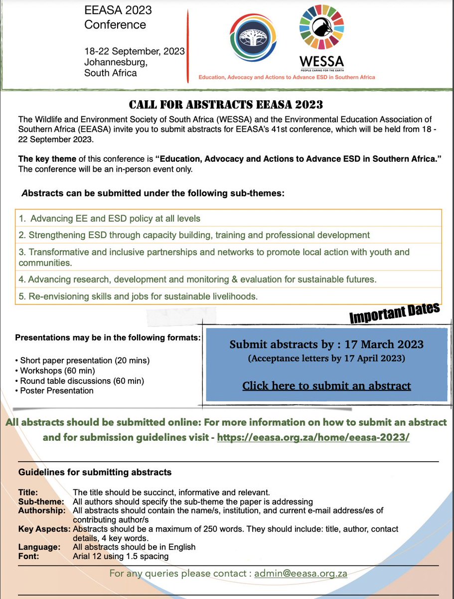EEASA_Africa's tweet photo. EEASA 2023 Call for abstracts is out. Upcoming EEASA conference on the 18- 22 September 2023 at WESSA in Gauteng, South Africa. Abstracts due by 17 March 2023. All the best. https://t.co/8KTVpSsZkh