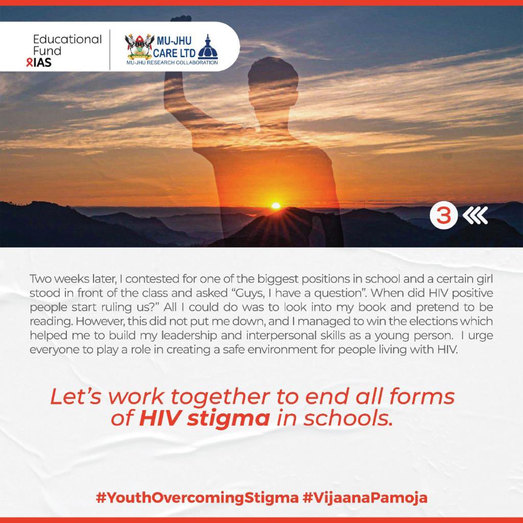 HIV stigma contributes to mental health issues in students such as anxiety and depression and may lead to suicidal ideation and school dropout as a result of bullying and discrimination encountered in school from peers and teachers 

#YouthOvercomingStigma  #VijaanaPamoja