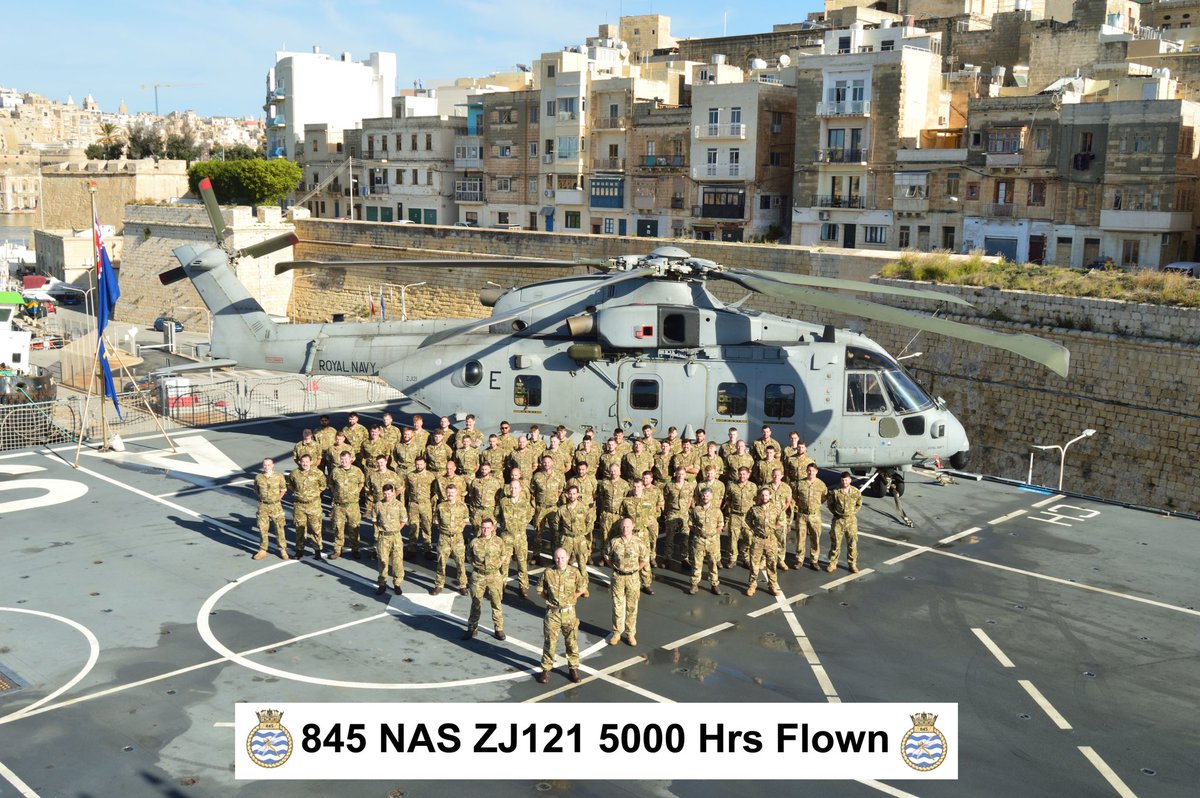 845NAS's tweet photo. 5000 Hours 🎉 🚁 

Airframe ZJ121 becomes the first MoD operated Merlin helicopter in history to surpass 5000 flying hours.

Operating with B Flight on Op Achillean, the mighty feat was achieved just before @RFAArgus berthed in Malta.

Cheers to you, Echo! #FlyNavy #MerlinMonday https://t.co/X6arxL90Af