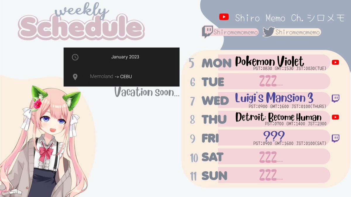 ShiroMemomemo's tweet photo. 【Schedule!!】5/12 - 11/12
Luigi's Mansion final stream? then let's think of something to do on friday!!
New game in YT!!!!
・General: #Shiromemo
・Stream: #MemoReSTART
・Fan Art: #MEMOsketch
・Fan name: #memodachi
・Meme/clips/funny video: #mememo
Schedule art by @/yuentsz123 https://t.co/NBeftB775h