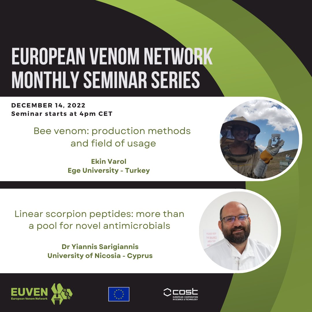 On December 14th 4pm CET these two excellent speakers will lift the veil on bee venom and scorpion venom peptides. Please register here: bit.ly/3EUvDVe