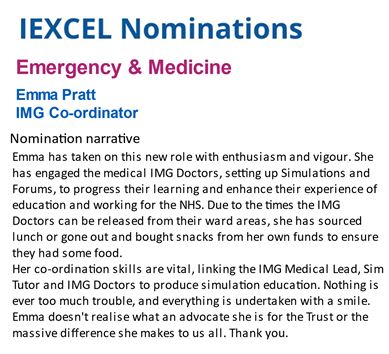 GEHClinEd's tweet photo. #Outstanding! Short READ - IMG Co-ordinator Emma Pratt has received an #iEXCEL nomination for her hard work and #dedication! Well done Emma! We're sure that everyone will agree that this shows an accurate #testament to your commitment!
@GEHNHSnews https://t.co/0MvAM2lH1G