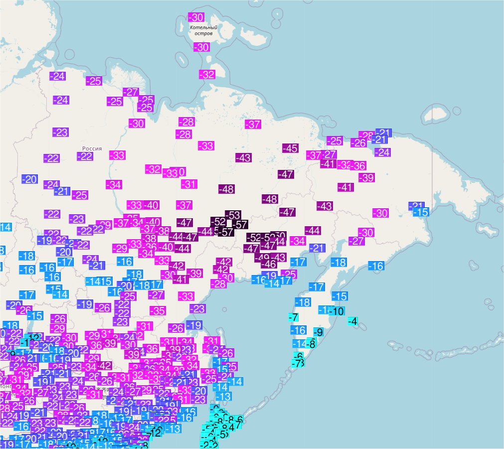 Le froid extrême prend ses quartiers en Sibérie orientale où les -55°C ont été franchis durant le week-end.
Minimales de -57.4°C à Delyankir et -56.6°C à Ojmjakon avec des maximales sous les -53°C et 15 à 20 cm de neige au sol. Carte Ogimet 