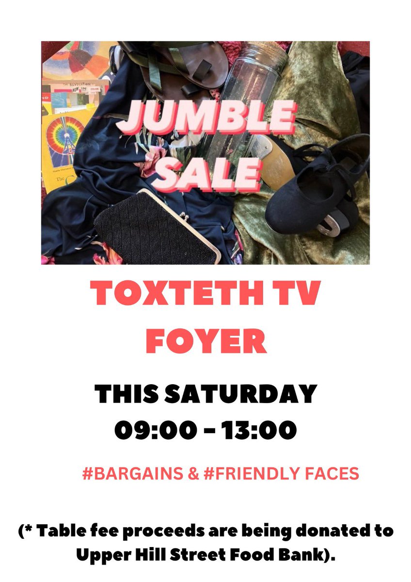 This Saturday… 10th Dec
<a href="/toxtethtv/">Toxteth TV</a> foyer…
In the spirit of #reuse … #jumblesale 
.
Table fee proceeds are being donated to 
Upper Hill Street Food Bank 
👍🏼🙌🏾
.
Friendly faces &amp; #bargains #gallore 
Hope to see you there 😊
.
This is the last sale until the 
New Year 🌲💫🔔❄️