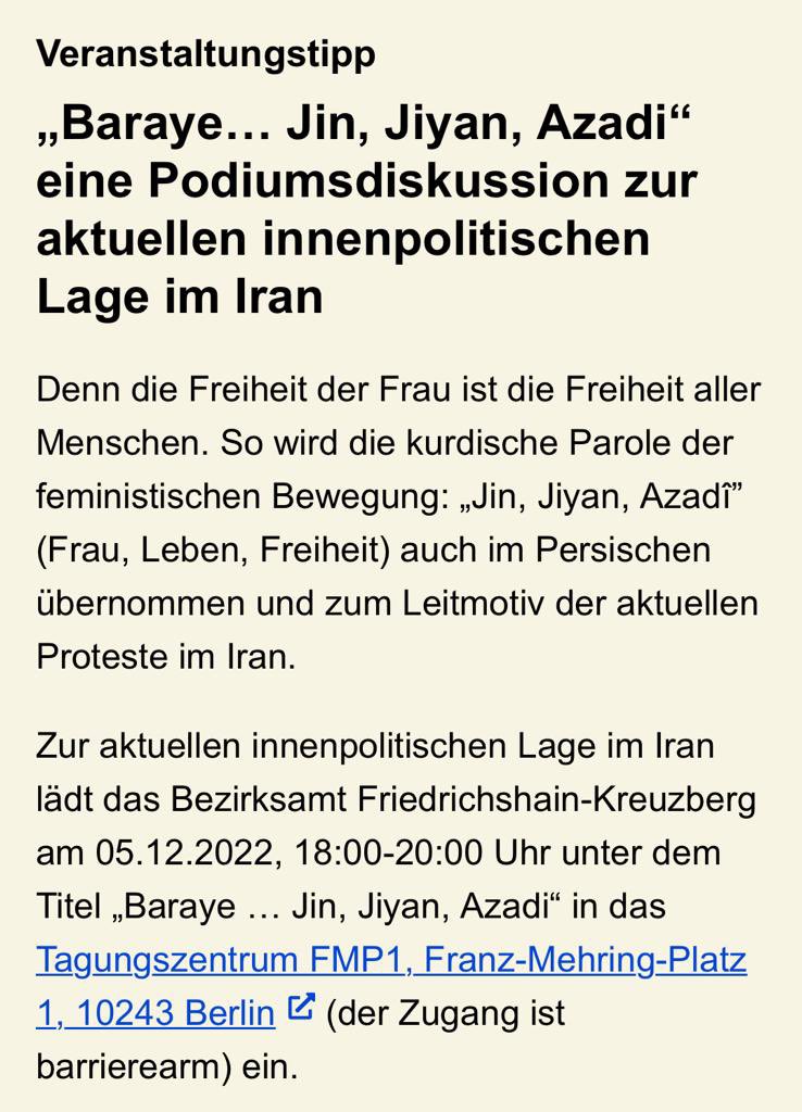 behtak24's tweet photo. Heute Abend moderiere ich eine Podiumsdiskussion zur aktuellen innenpolitischen Lage im Iran. Ich freue mich über die Veranstaltung des Bezirksamts Friedrichshain-Kreuzberg in Berlin &amp; vor allem auf den Austausch mit @negin_behkam, @clara_herrmann, Nadia Rassuli &amp; Sanaz Azimipour https://t.co/RrwxufcXaN