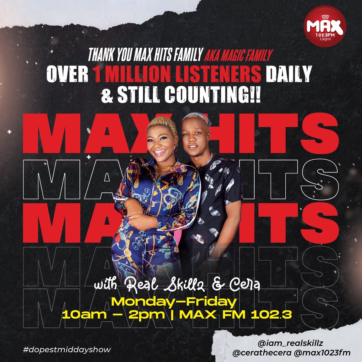 Max1023FM's tweet photo. #BanginNuTune🔥 #NowPlayingOnMaxFM Whine - by @iceymo_official  on #maxhits with the #colourgang @iam_realskillz &amp; @cerathecera

#doppestmiddayshow
 
Listen Live Via https://t.co/ODJO6v1OkM https://t.co/FHWhXxVWfS