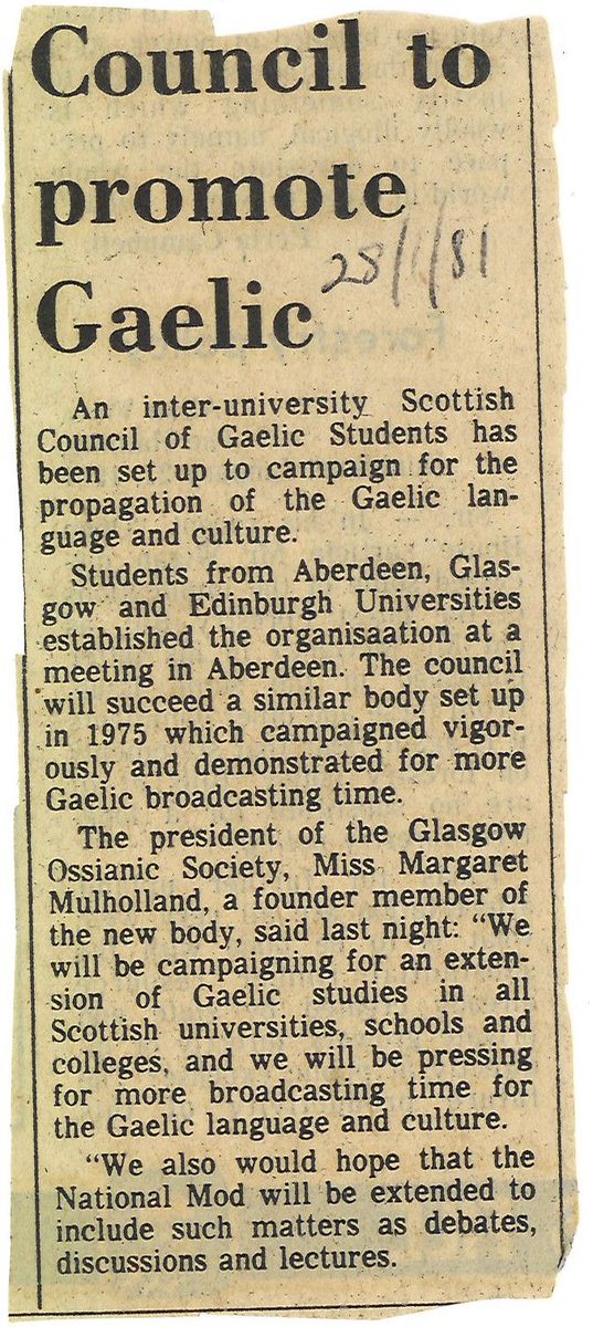 UofGlasgowASC's tweet photo. This newspaper clipping from 1981 highlights another wonderful example of efforts to preserve the Gaelic language that can be found in the Comann Oiseanach collection.🗣️ #EYALanguages #ExploreYourArchive @oiseanach https://t.co/Tt3yALnYfR