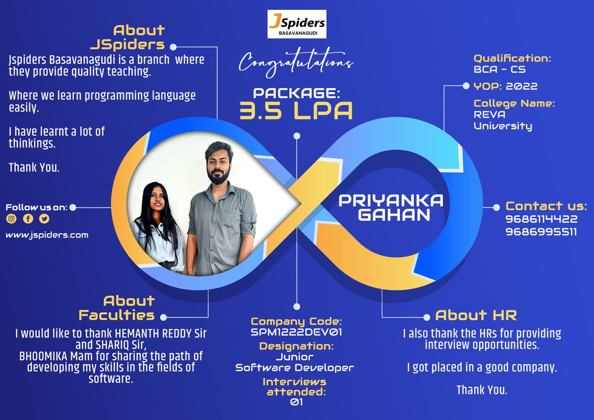BrandingJsp's tweet image. Congratulations Priyanka Gahan For getting placed as Junior Software Developer

#jspidersbasavanagudi
#placedstudents
#devopsstudents 
#computerscience 
#studentreview
#devopstraining
#offlinelearning
#bestcourses
#growwhileyoulearn
#trainingdevops 
#qualityspecialist