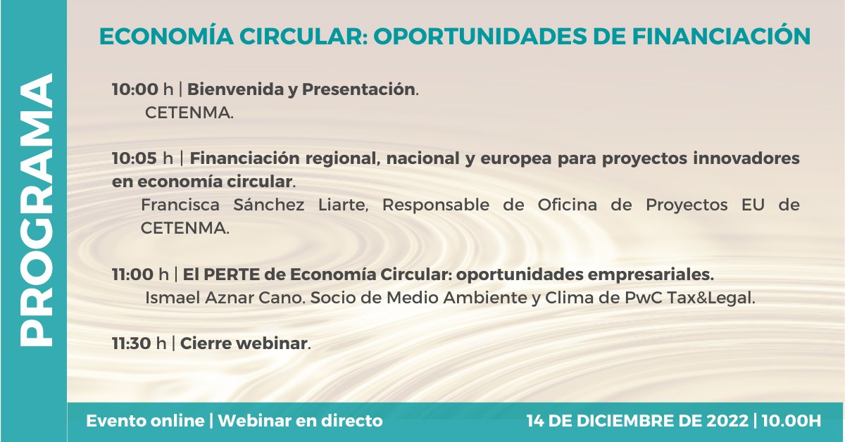 CETENMA's tweet image. 🔊¡RECUERDA!

📈 Webinar 𝗢𝗣𝗢𝗥𝗧𝗨𝗡𝗜𝗗𝗔𝗗𝗘𝗦 𝗗𝗘 𝗙𝗜𝗡𝗔𝗡𝗖𝗜𝗔𝗖𝗜𝗢́𝗡 𝗘𝗡 𝗘𝗖𝗢𝗡𝗢𝗠𝗜́𝗔 𝗖𝗜𝗥𝗖𝗨𝗟𝗔𝗥  
🗓️ 14-dic ⏱️ 10.00h 💻 Online
✍️ Más información e inscripciones:
cutt.ly/k1Vu6Xd

#EconomíaCircular #CIRCULAB
#PERTEEconomíaCircular