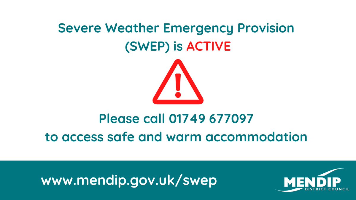 Cold weather provision in #Mendip remains active this week ⚠️
Safe and warm accommodation is available for rough sleepers 🛏️
Please call 01749 677097 as soon as possible to access the service ☎️
Learn more here ➡️ mendip.gov.uk/swep