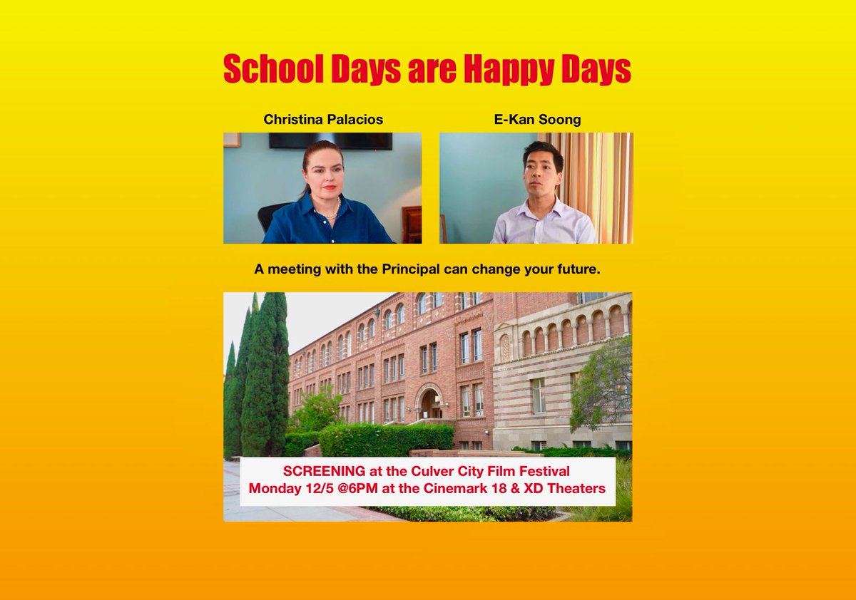 See our film "School Days are Happy Days" <a href="/culvercityff/">Culver City Film Festival</a>  December 5th at 6PM Tickets at: culvercityfilmfestival.com/tickets @CEdland1 <a href="/EkanSoong/">E-Kan Soong</a> <a href="/itsthatloudgirl/">Christy Rusk</a>
 #filmmaker #director #filmfestival #filmfestivals #indiefilm #wemakemovies @wemakemovies
 #gosquirrely #culvercityfilmfestival