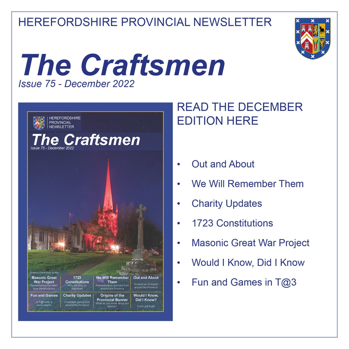 Well the Festive season is with us and so is The Craftsmen. Read our December issue here herefordshiremasons.org.uk/the-craftsmen-… All the news from the Herefordshire Freemasons. 
<a href="/DGLBMason/">PGM for Herefordshire, MEGS, Glos & Herefords</a> <a href="/GrahamCKing1/">@GrahamCKing</a> <a href="/UGLE_GrandLodge/">United Grand Lodge of England</a> <a href="/hfdslightblues/">Caeruleum Club</a>