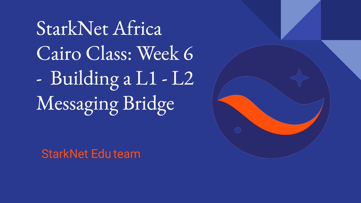 StarknetAfrica's tweet photo. The recording of our Cairo Class #6 is now available on YouTube

@amanusk_ from @StarkWareLtd team joined us yesterday to teach how to Build a L1 - L2 Messaging Bridge on StarkNet

Link to Class 👇
🔗 https://t.co/ZB49Y48sJf https://t.co/0gS8YEusHI
