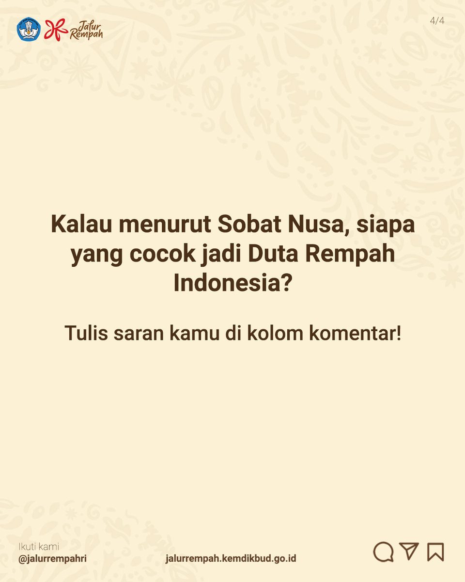 JalurrempahRI's tweet photo. Kira-kira, Sobat Nusa setuju enggak? Atau punya rekomendasi lain? Yuk, tulis di kolom komentar! Nusa tunggu yaa.
#duta #rempah #indonesia #litbang #kompas #jalurrempah #kemdikbudri #litbangkompas #dutarempahindonesia #chefjuna https://t.co/N3RzoFwma7